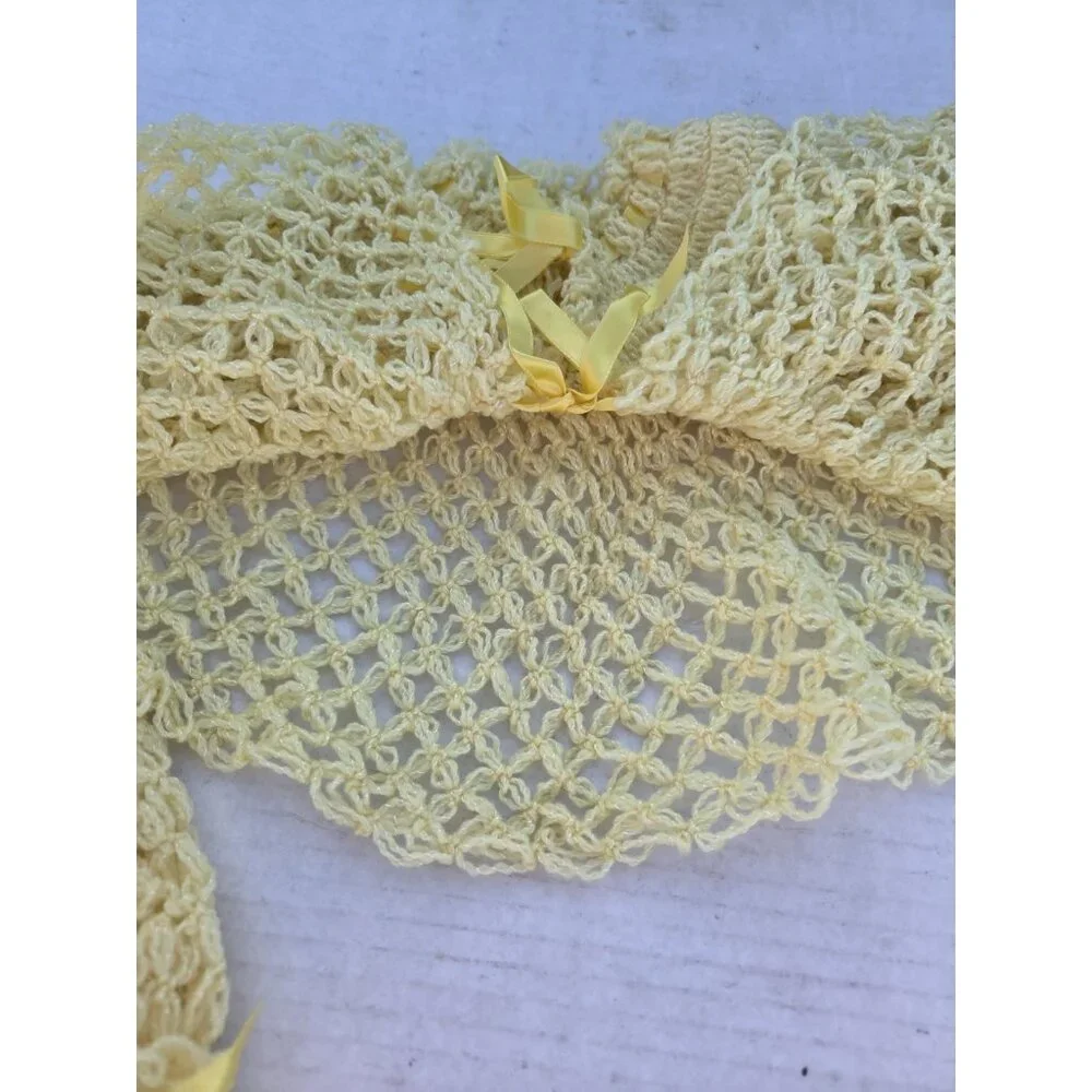 Vintage Handmade Knit Crochet Doll Or Baby Clothes‎ Set Bonnet Sweater Booties